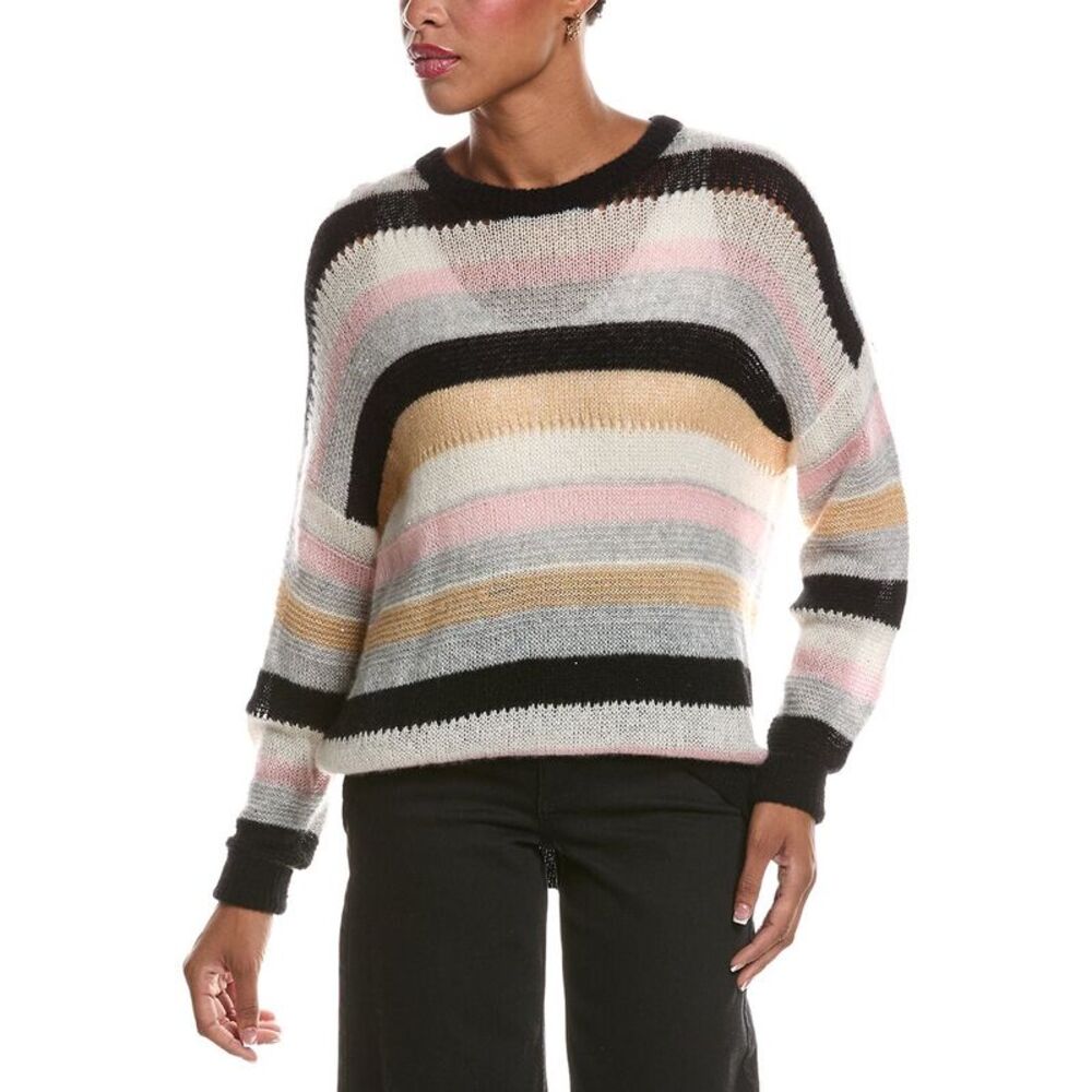 Autumn Cashmere Womens  Pointelle Multi Stripe Crewneck Cashmere & Silk-Blend